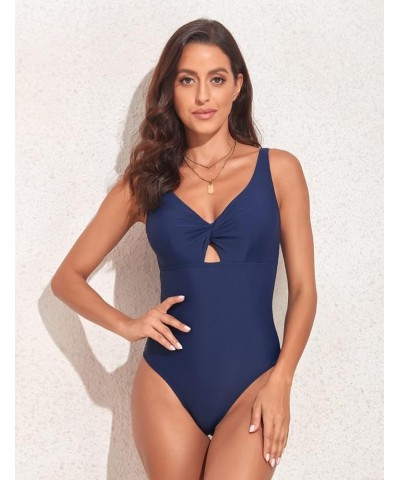 Women's Sexy V Neck One Piece Swimsuit Front Twist Slimming Bathing Suit Low Back Cutout Monokini Swimwear Navy $13.24 Swimsuits