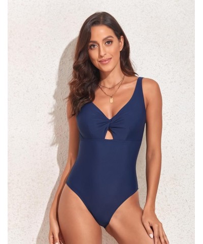 Women's Sexy V Neck One Piece Swimsuit Front Twist Slimming Bathing Suit Low Back Cutout Monokini Swimwear Navy $13.24 Swimsuits