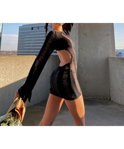 Knitted Cutout Bodycon Dresses Long Sleeve Crochet Dresses Deep V Neck Backless Mini Rib Knit Dress Tassles Black $13.02 Dresses