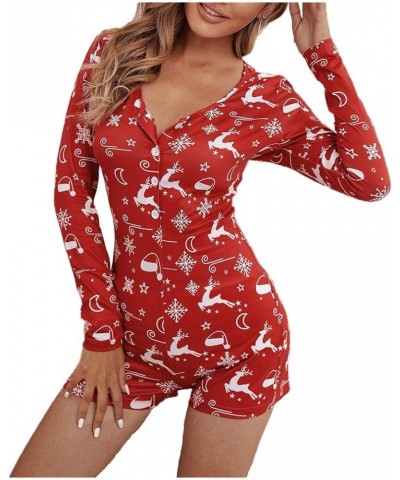 Women Christmas Jumpsuits Pajamas Deep V Long Sleeve Bodycon Rompers Shorts Xmas Onesie One Piece Bodysuit Overalls A-red Elk...