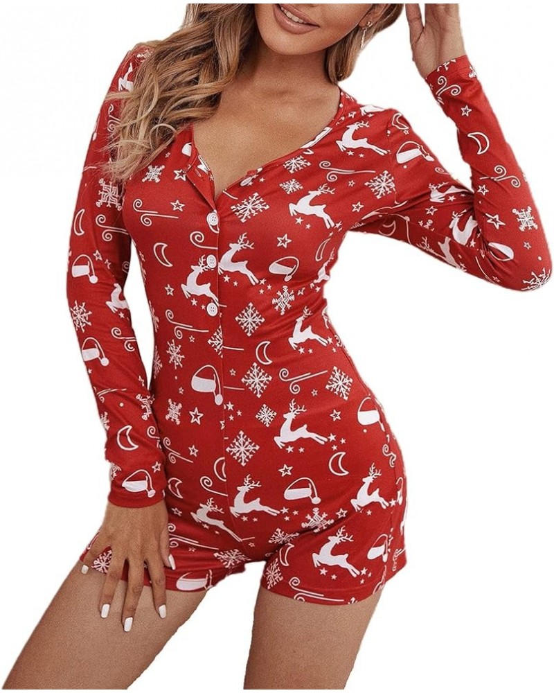 Women Christmas Jumpsuits Pajamas Deep V Long Sleeve Bodycon Rompers Shorts Xmas Onesie One Piece Bodysuit Overalls A-red Elk...