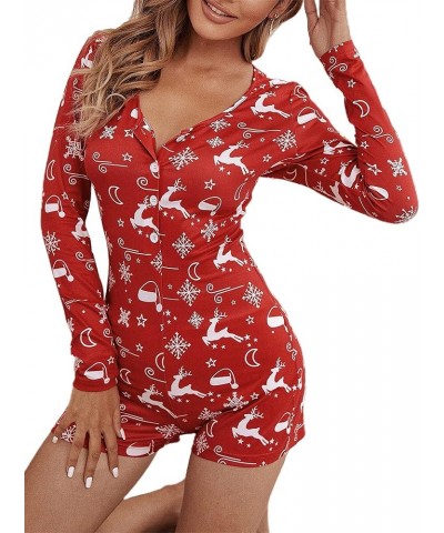 Women Christmas Jumpsuits Pajamas Deep V Long Sleeve Bodycon Rompers Shorts Xmas Onesie One Piece Bodysuit Overalls A-red Elk...