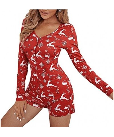 Women Christmas Jumpsuits Pajamas Deep V Long Sleeve Bodycon Rompers Shorts Xmas Onesie One Piece Bodysuit Overalls A-red Elk...