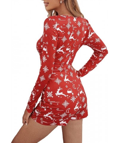 Women Christmas Jumpsuits Pajamas Deep V Long Sleeve Bodycon Rompers Shorts Xmas Onesie One Piece Bodysuit Overalls A-red Elk...