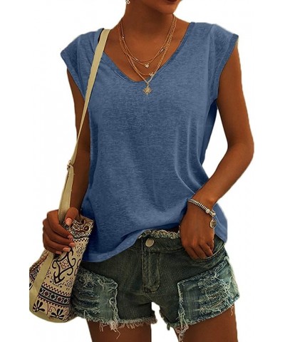 Womens Cap Sleeve Shirts Summer Solid Casual Tank Tops Blue $14.74 Tanks