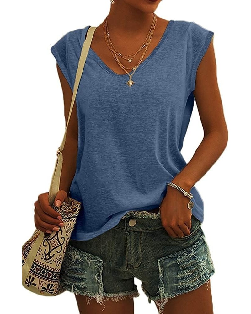 Womens Cap Sleeve Shirts Summer Solid Casual Tank Tops Blue $14.74 Tanks