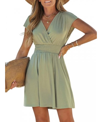 Women's V Neck Smocked Ruched Mini Dress Surplice A Line Dress Green $17.37 Dresses