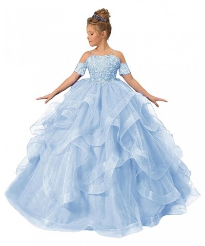 Tulle Flower Girl Dresses for Wedding Lace Applique Princess Ruffles Pageant Dress Long Party Ball Gown Light Blue $35.25 Dre...