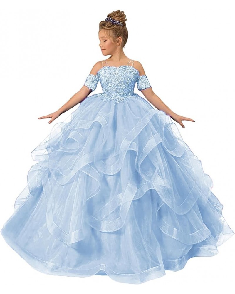 Tulle Flower Girl Dresses for Wedding Lace Applique Princess Ruffles Pageant Dress Long Party Ball Gown Light Blue $35.25 Dre...