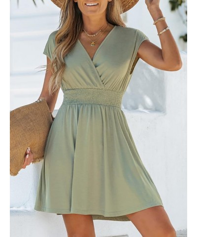 Women's V Neck Smocked Ruched Mini Dress Surplice A Line Dress Green $17.37 Dresses