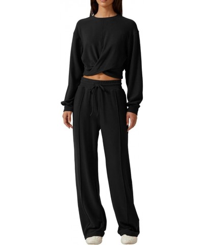 Women 2 Piece Outfits Sweatsuit Set Twist Front Cropped Sweatshirt Wide Leg Sweatpant Lounge Set Tracksuit Black $25.48 Activ...