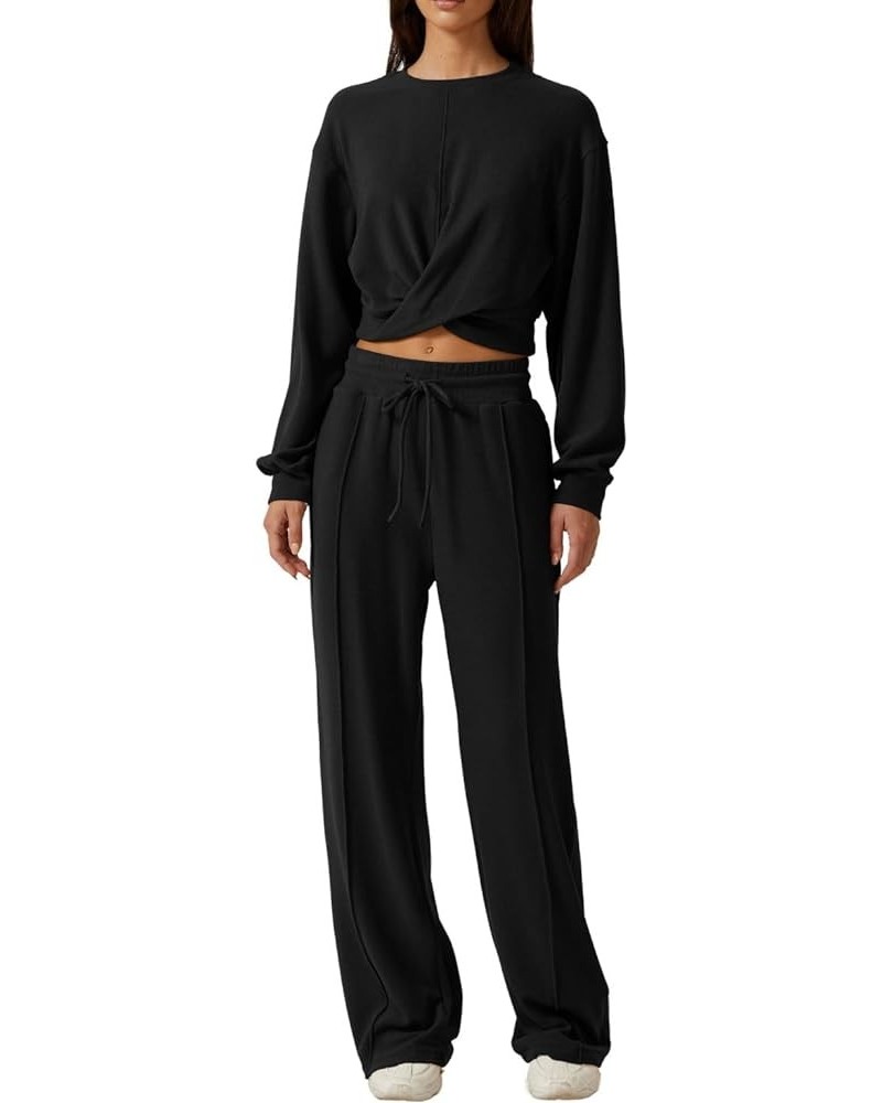 Women 2 Piece Outfits Sweatsuit Set Twist Front Cropped Sweatshirt Wide Leg Sweatpant Lounge Set Tracksuit Black $25.48 Activ...