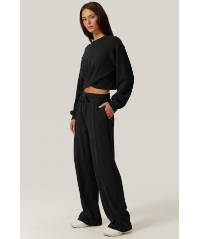 Women 2 Piece Outfits Sweatsuit Set Twist Front Cropped Sweatshirt Wide Leg Sweatpant Lounge Set Tracksuit Black $25.48 Activ...