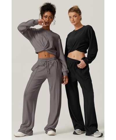 Women 2 Piece Outfits Sweatsuit Set Twist Front Cropped Sweatshirt Wide Leg Sweatpant Lounge Set Tracksuit Black $25.48 Activ...