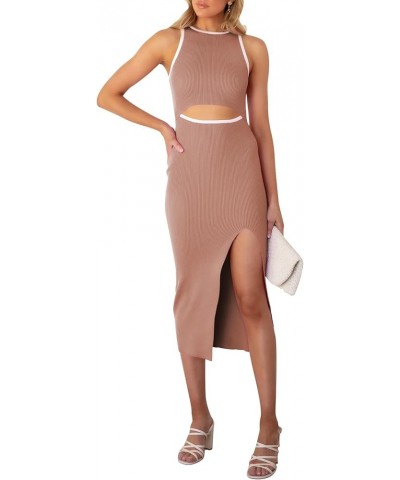 Women's Cutout Crew Neck Sleeveless Tank Slit Ribbed Bodycon Midi Dresses Wood Brown $21.00 Dresses