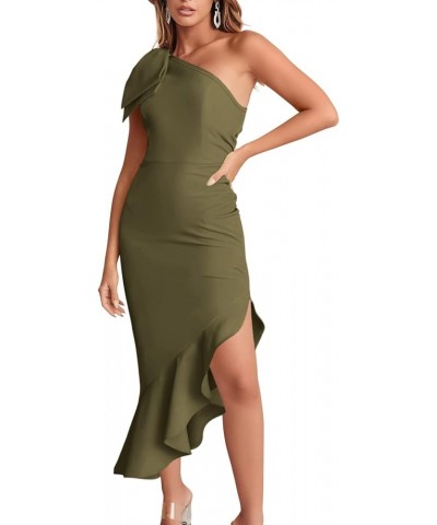 Women's One Shoulder Formal Midi Dresses Sleeveless Bodycon Mermaid Ruffle Cocktail Wedding Guest Dress Army Green $10.75 Dre...