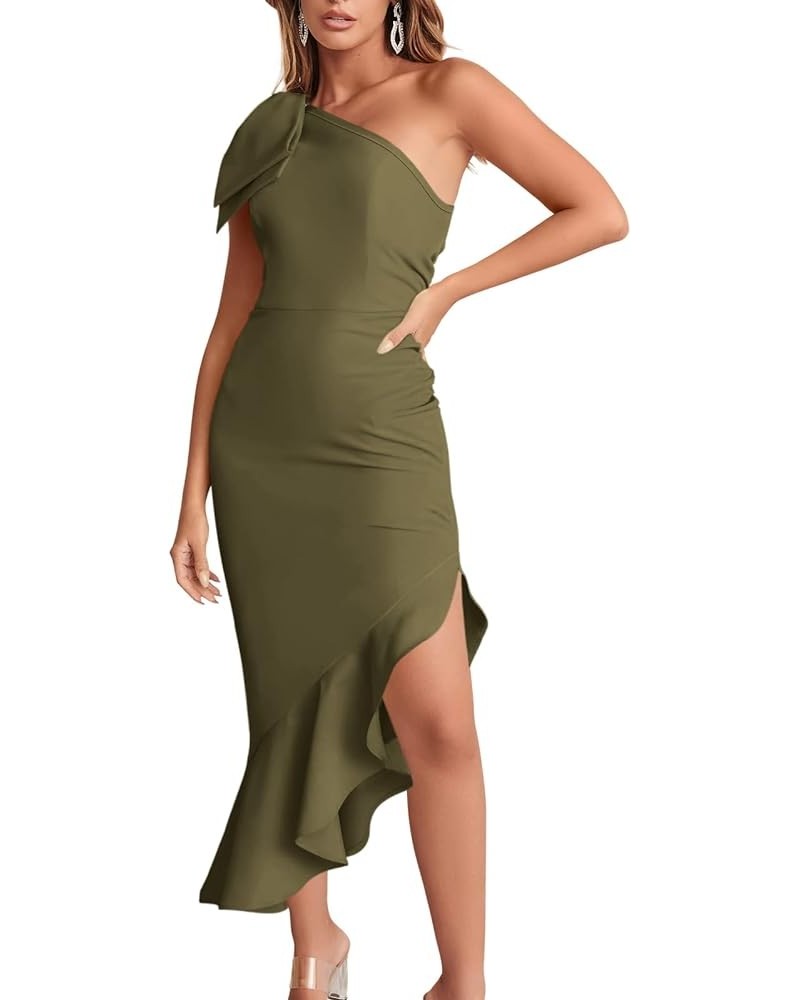 Women's One Shoulder Formal Midi Dresses Sleeveless Bodycon Mermaid Ruffle Cocktail Wedding Guest Dress Army Green $10.75 Dre...