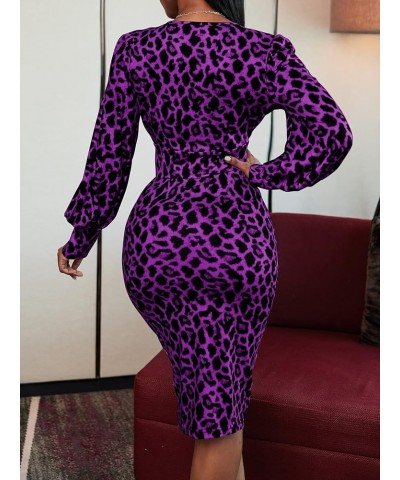 Women's Leopard Print V Neck Lantern Sleeve Bodycon Dress Purple Black $23.00 Dresses