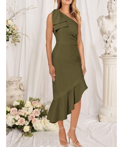 Women's One Shoulder Formal Midi Dresses Sleeveless Bodycon Mermaid Ruffle Cocktail Wedding Guest Dress Army Green $10.75 Dre...