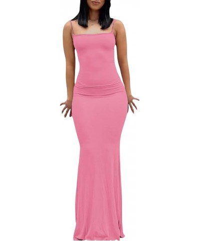 Women Sexy Bodycon Cami Long Dress Lady Classic Sleeveless Spaghetti Strap Stretchy Long Dress LowCut Sling Dresses A-pink $1...