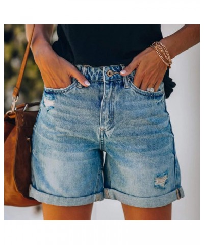 Mid Rise Jean Shorts Women Patch Casual Rolled Hem Distressed Jean Ripped Frayed Folded Cutoff Denim Shorts 05-blue Jean Shor...