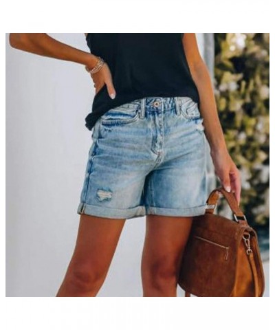 Mid Rise Jean Shorts Women Patch Casual Rolled Hem Distressed Jean Ripped Frayed Folded Cutoff Denim Shorts 05-blue Jean Shor...