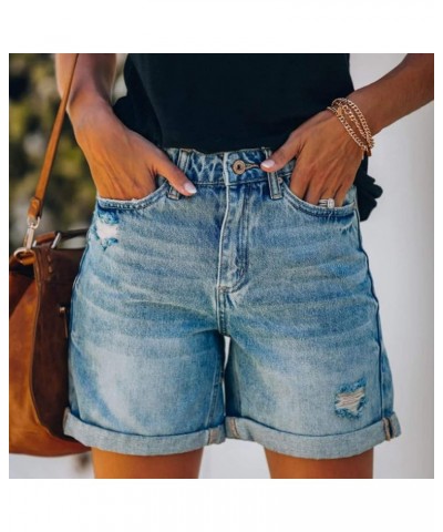 Mid Rise Jean Shorts Women Patch Casual Rolled Hem Distressed Jean Ripped Frayed Folded Cutoff Denim Shorts 05-blue Jean Shor...