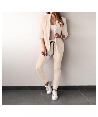 Women's 2 Pieces Outfits Business Suit Set Long Sleeve Open Front Blazer and Pants Solid Dressy Office Lady Suits Sets C- Bei...