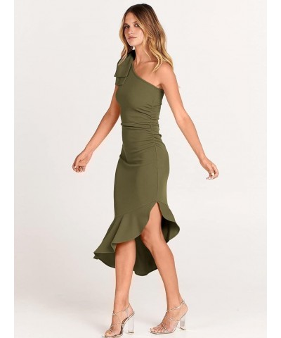 Women's One Shoulder Formal Midi Dresses Sleeveless Bodycon Mermaid Ruffle Cocktail Wedding Guest Dress Army Green $10.75 Dre...