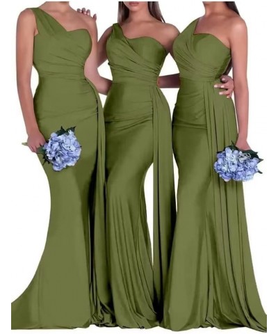 One Shoulder Mermaid Bridesmaid Dresses for Wedding Bodycon Satin Long Formal Evening Gowns with Train Olive $22.95 Dresses