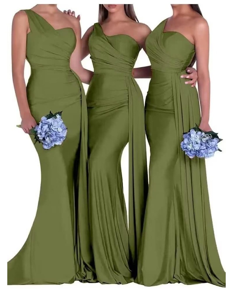 One Shoulder Mermaid Bridesmaid Dresses for Wedding Bodycon Satin Long Formal Evening Gowns with Train Olive $22.95 Dresses