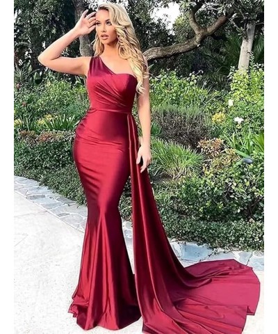 One Shoulder Mermaid Bridesmaid Dresses for Wedding Bodycon Satin Long Formal Evening Gowns with Train Olive $22.95 Dresses