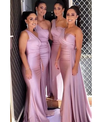 One Shoulder Mermaid Bridesmaid Dresses for Wedding Bodycon Satin Long Formal Evening Gowns with Train Olive $22.95 Dresses