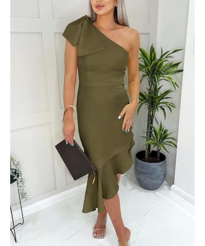 Women's One Shoulder Formal Midi Dresses Sleeveless Bodycon Mermaid Ruffle Cocktail Wedding Guest Dress Army Green $10.75 Dre...