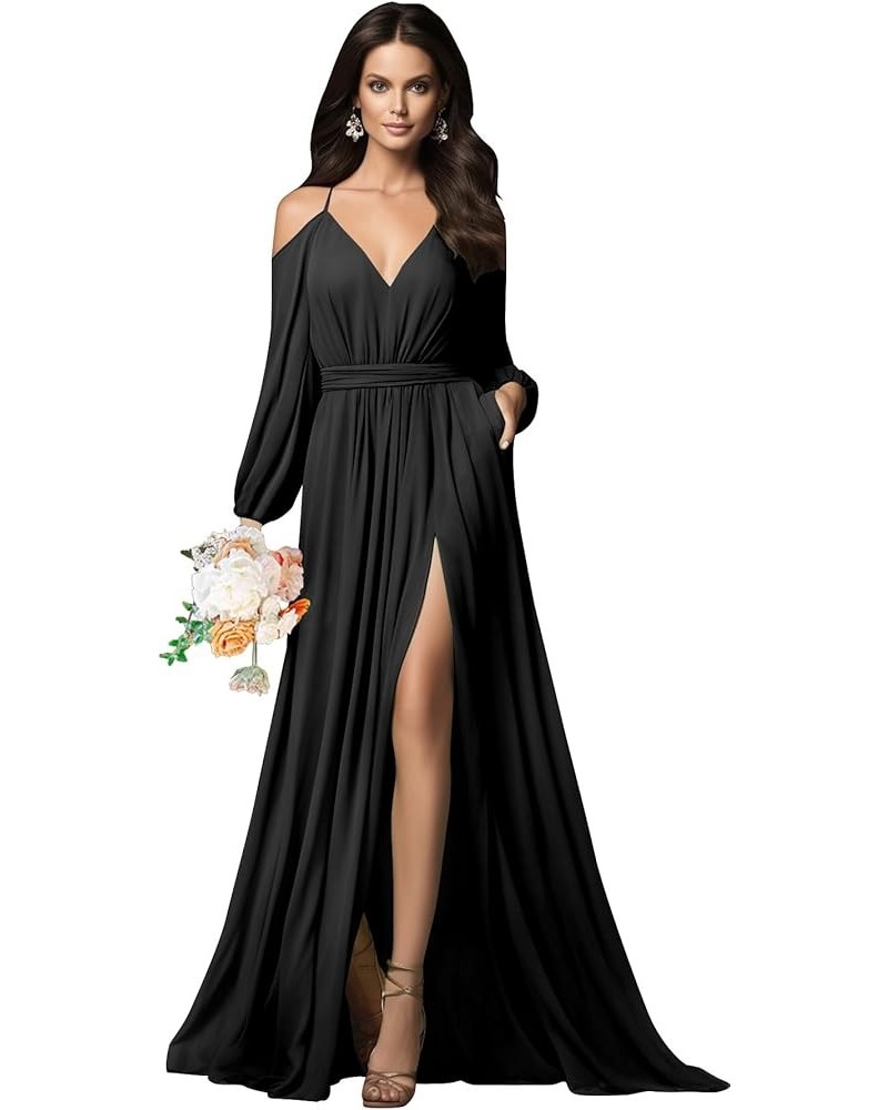 V Neck Long Sleeve Bridesmaid Dresses with Slit Pockets Spaghetti Straps Chiffon Formal Prom Evening Gown Black $34.44 Dresses