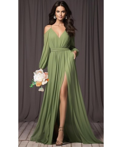 V Neck Long Sleeve Bridesmaid Dresses with Slit Pockets Spaghetti Straps Chiffon Formal Prom Evening Gown Black $34.44 Dresses