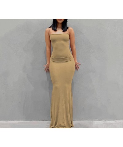 Women Spaghetti Strap Casual Maxi Dresses Sleeveless Cami Dress Party Club Bodycon Dress A Khaki $14.50 Dresses