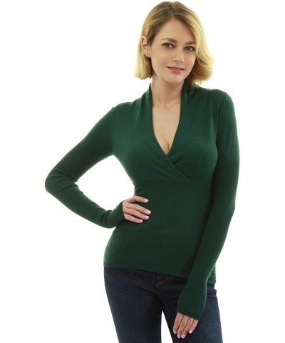 Women V Neck Empire Waist Long Sleeve Knit Top Sweater Dark Green $22.45 Sweaters