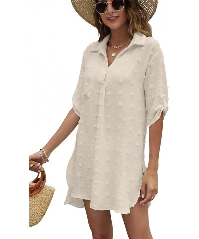 Women's Swimsuit Beach Coverups Swiss Polka Dot V Neck Bikini Swimwear Bathing Suit Beach Dress Shirt Beige $7.94 Swimsuits