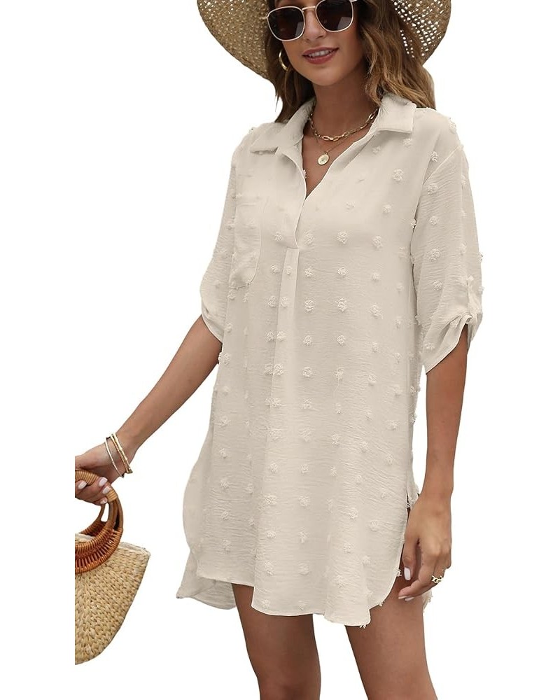 Women's Swimsuit Beach Coverups Swiss Polka Dot V Neck Bikini Swimwear Bathing Suit Beach Dress Shirt Beige $7.94 Swimsuits