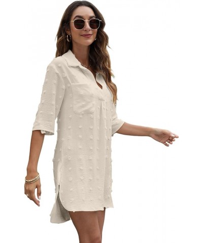 Women's Swimsuit Beach Coverups Swiss Polka Dot V Neck Bikini Swimwear Bathing Suit Beach Dress Shirt Beige $7.94 Swimsuits