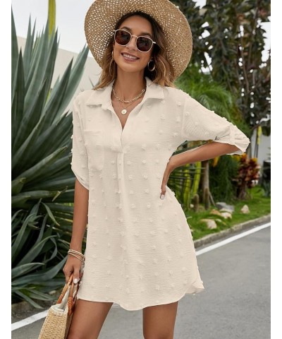 Women's Swimsuit Beach Coverups Swiss Polka Dot V Neck Bikini Swimwear Bathing Suit Beach Dress Shirt Beige $7.94 Swimsuits