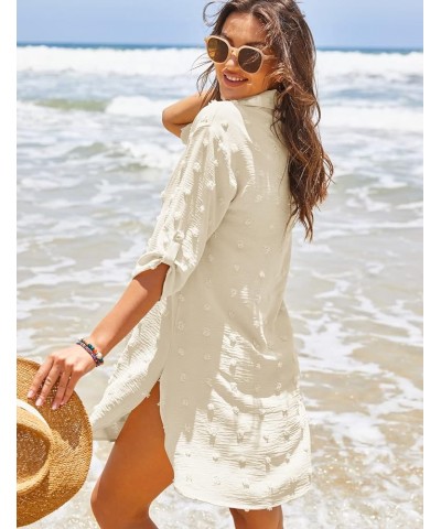 Women's Swimsuit Beach Coverups Swiss Polka Dot V Neck Bikini Swimwear Bathing Suit Beach Dress Shirt Beige $7.94 Swimsuits