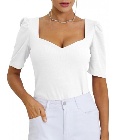 Women's Square V Neck Puff Short Sleeve Knit Summer Elegant T-Shirt Tops Solid White $14.10 T-Shirts