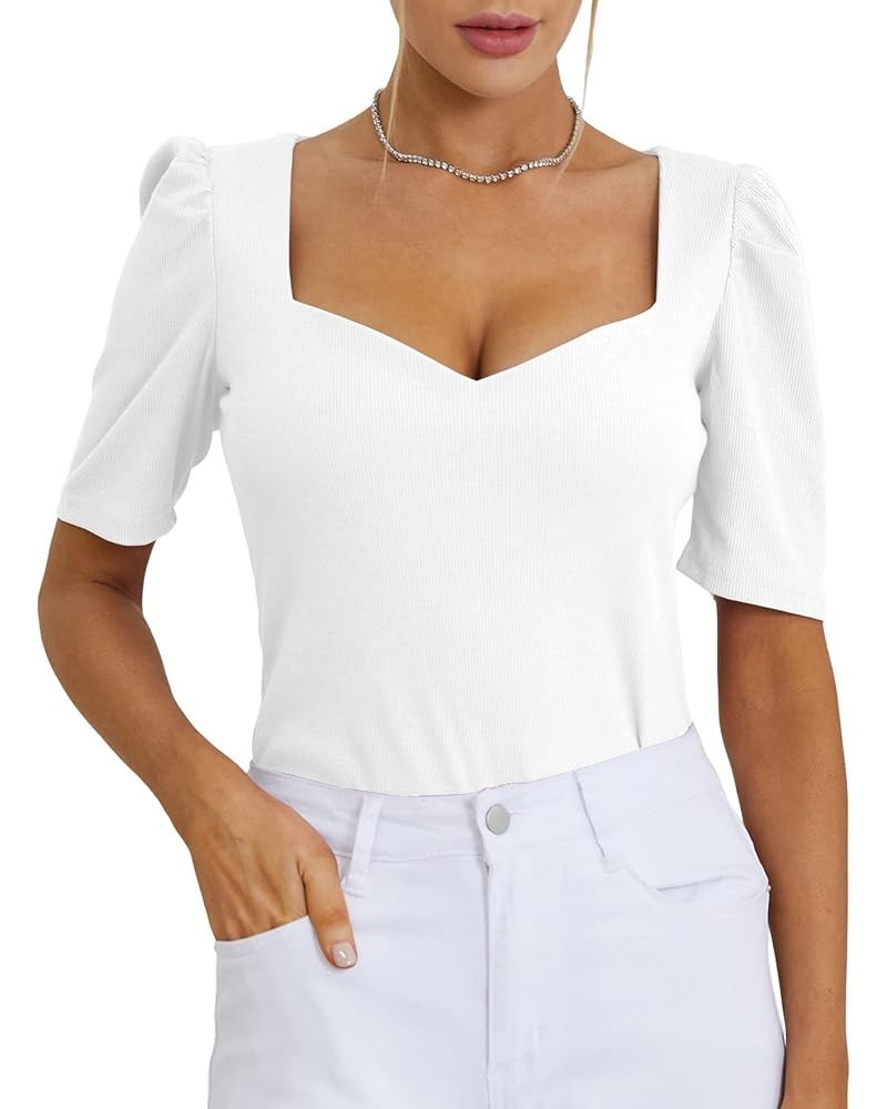 Women's Square V Neck Puff Short Sleeve Knit Summer Elegant T-Shirt Tops Solid White $14.10 T-Shirts