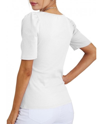 Women's Square V Neck Puff Short Sleeve Knit Summer Elegant T-Shirt Tops Solid White $14.10 T-Shirts