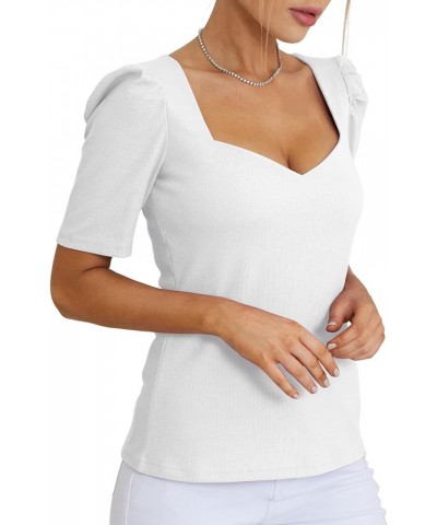 Women's Square V Neck Puff Short Sleeve Knit Summer Elegant T-Shirt Tops Solid White $14.10 T-Shirts