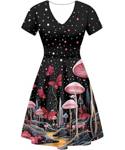 Women Casual Dress Van Gogh 3D Print V-Neck Short Sleeves A-Line Swing Midi Dresses Mushroom Butterfly Wave Point $10.63 Dresses