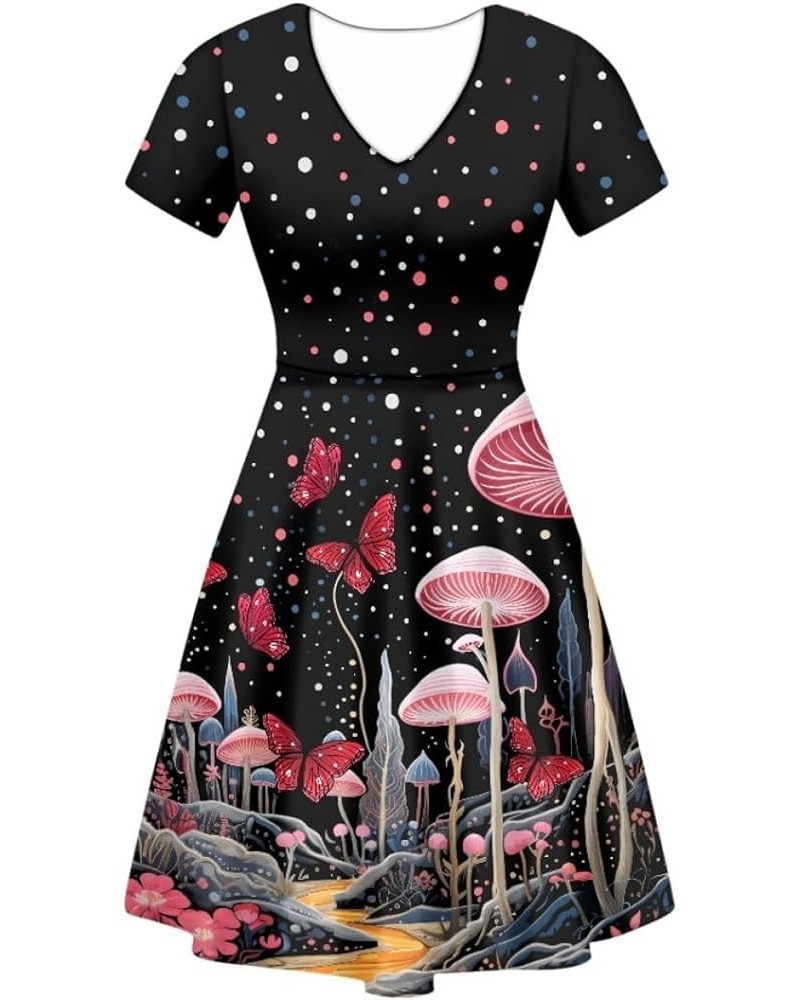 Women Casual Dress Van Gogh 3D Print V-Neck Short Sleeves A-Line Swing Midi Dresses Mushroom Butterfly Wave Point $10.63 Dresses