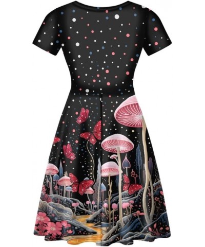 Women Casual Dress Van Gogh 3D Print V-Neck Short Sleeves A-Line Swing Midi Dresses Mushroom Butterfly Wave Point $10.63 Dresses